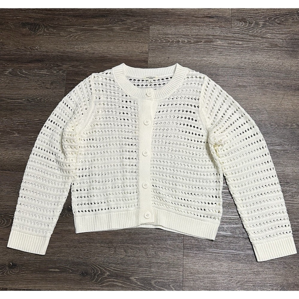 Max Studio London Women's Ivory Open-Knit Button Front Crewneck Cardigan Sweater